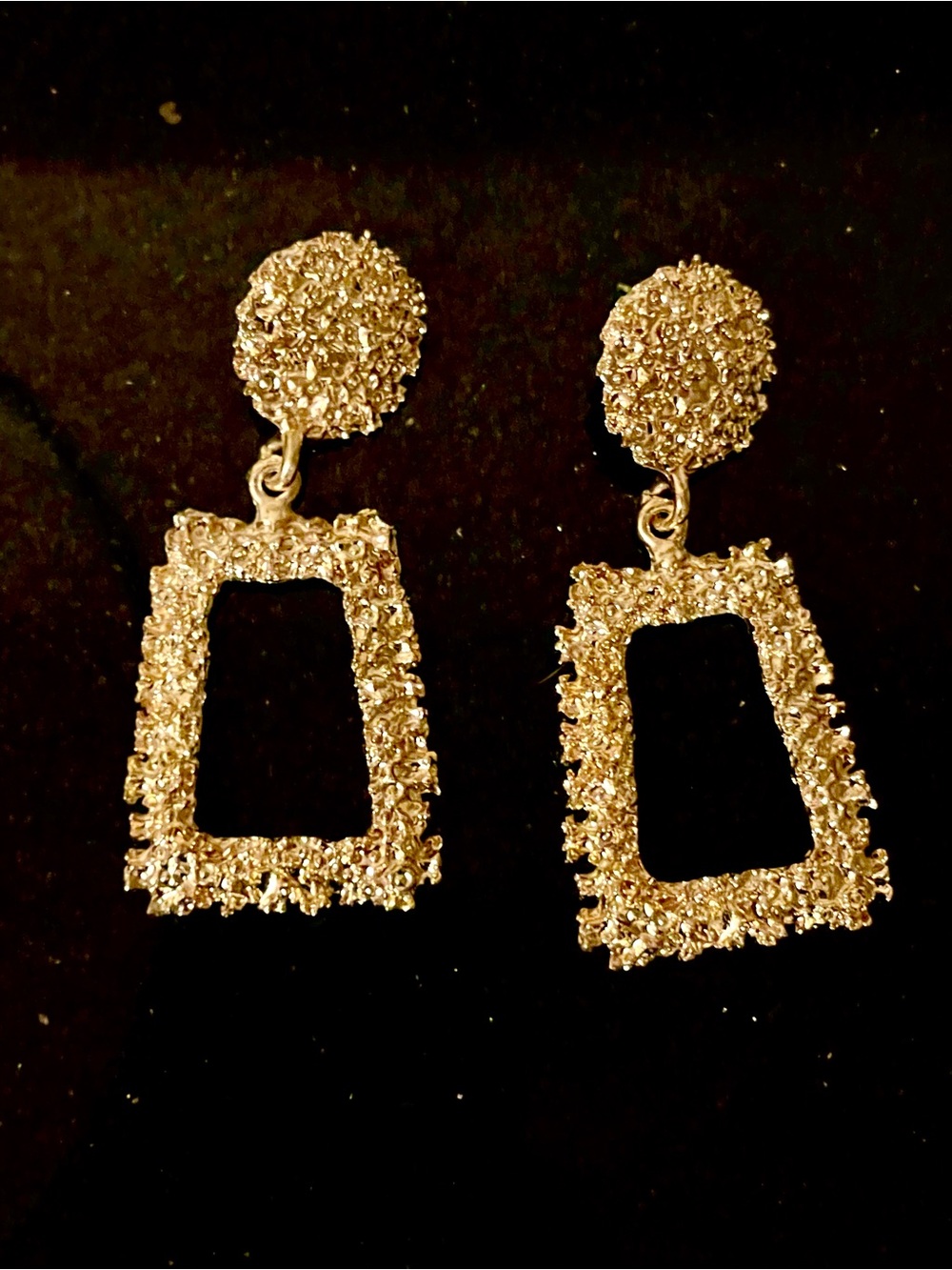 Large Textured Gold Open Rectangle Drop Earrings for Women - Picture 2 of 3